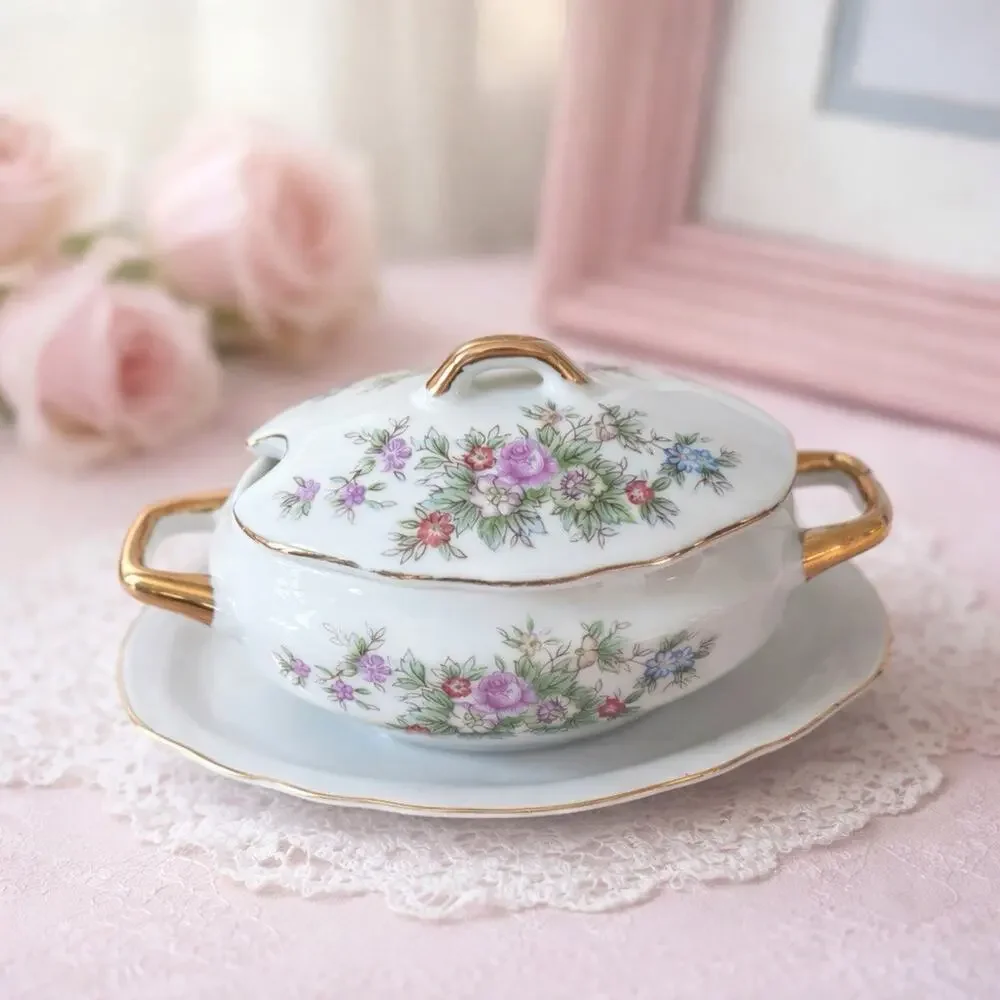 Vtg Lefton China hand painted Sugar Bowl Lid & Attached Underplate Cottage